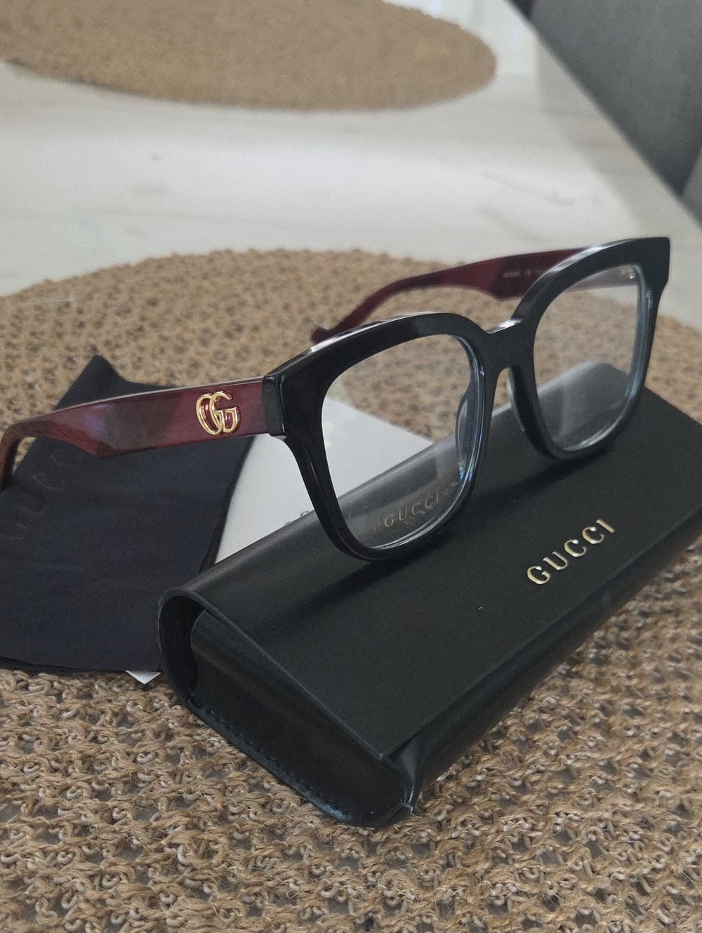 Gucci Black Front Burgundy Temple Square Optical Glasses with Gold GG